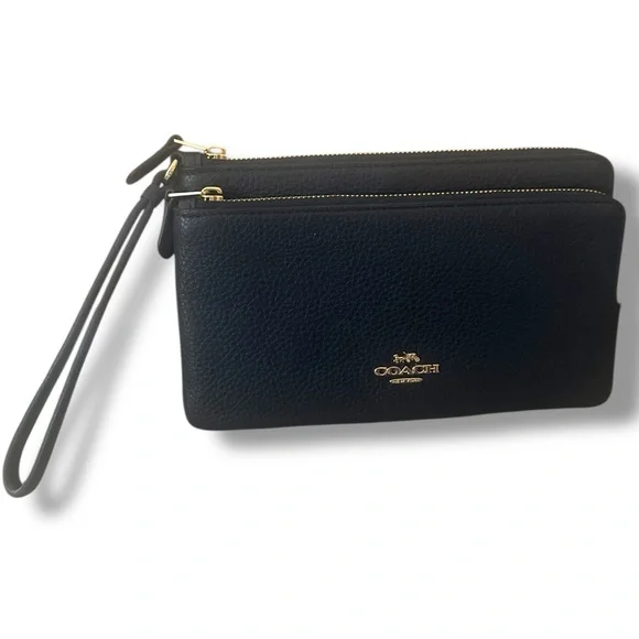 Coach Midnight Pebbled Leather Double-Zip Wristlet | Gold Hardware NWT $198 MSRP - Picture 7 of 16